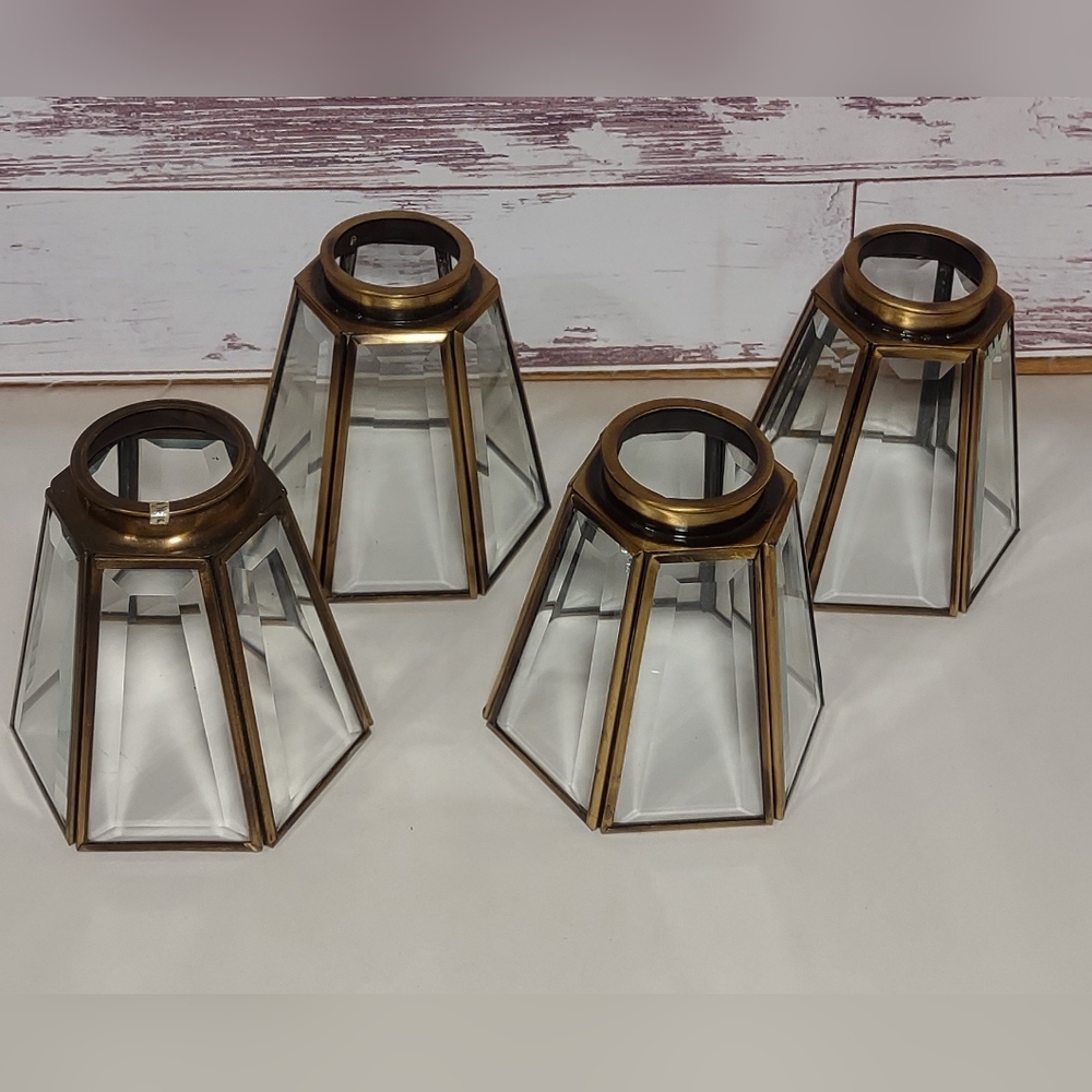 Vintage Set of 4 Brass And Beveled Glass Tiffany Style Replacement Globes